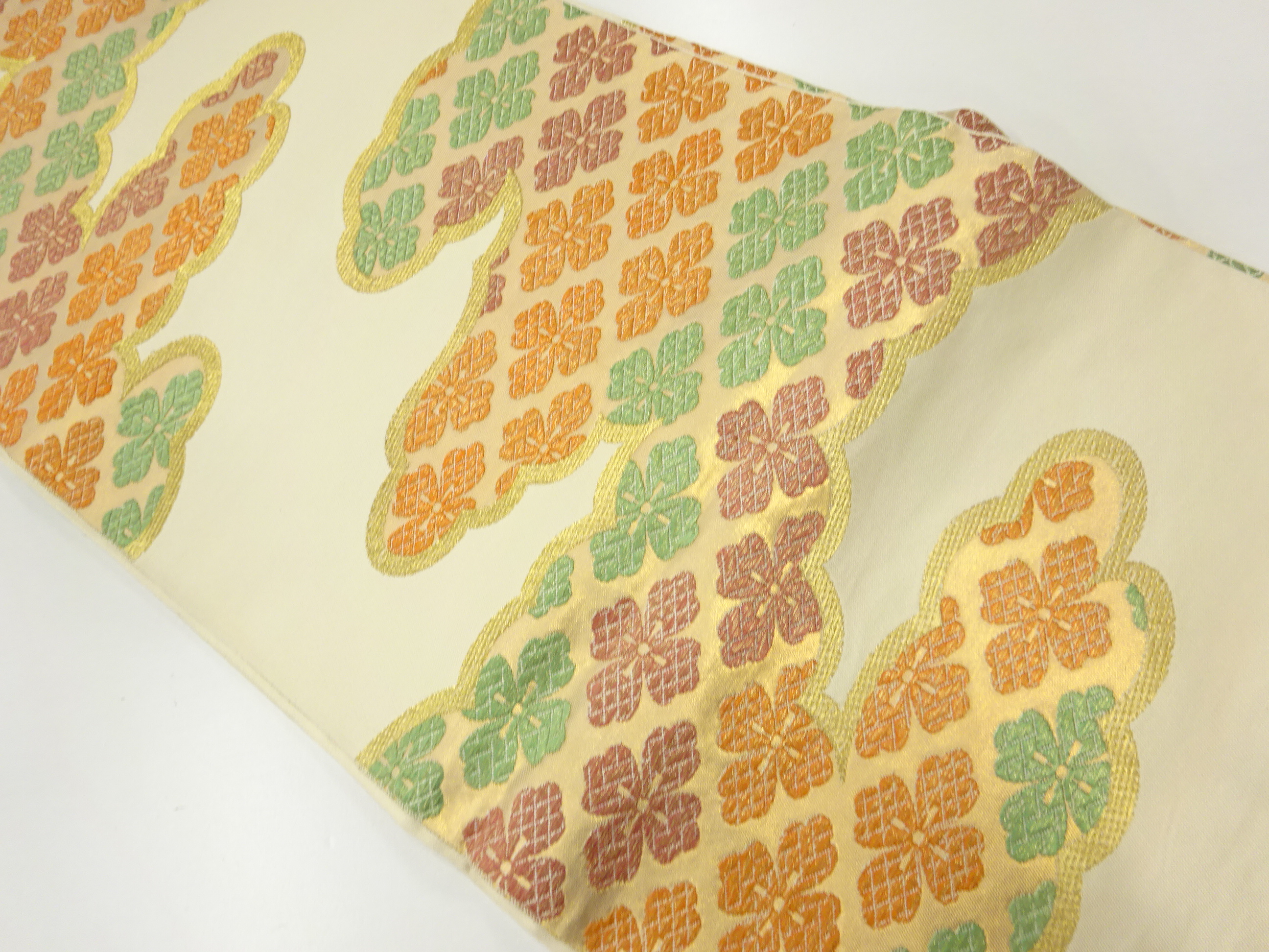 JAPANESE KIMONO / ANTIQUE FUKURO OBI / SILK / WOVEN MIST & FLORAL RHOMBUS